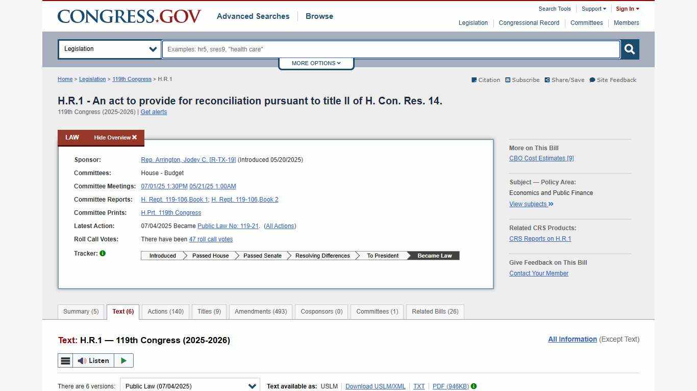 Text - H.R.1 - 119th Congress (2025-2026): An act to provide for reconciliation pursuant to title II of H. Con. Res. 14. | Congress.gov | Library of Congress