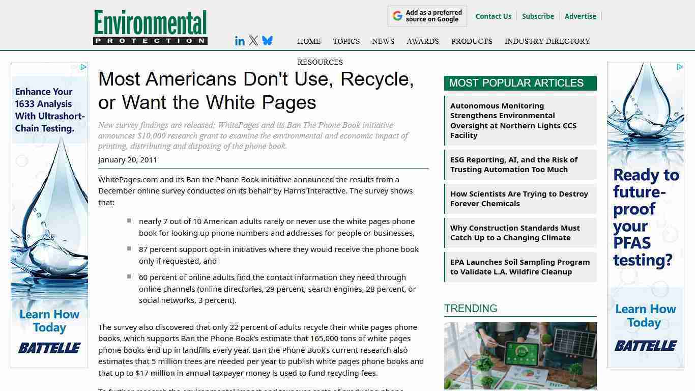 Most Americans Don't Use, Recycle, or Want the White Pages -- Environmental Protection